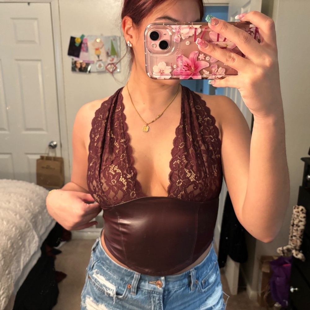 Fashion Nova Lace and Leather Bodysuit - Burgundy